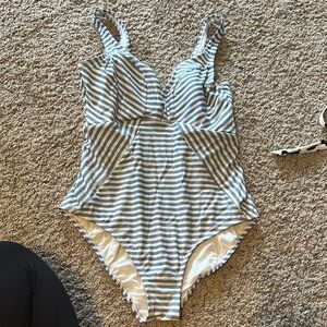 Time and Tru Blue and White Striped One Piece Swimsuit